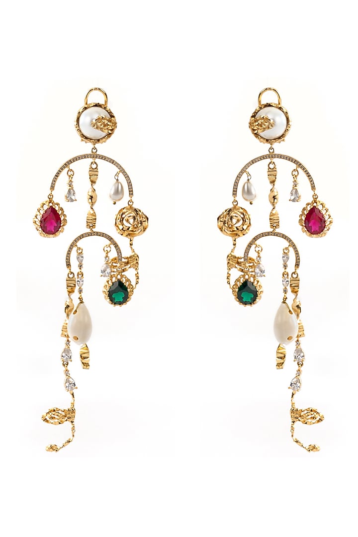 Gold Plated Cubic Zirconia & Cowrie Shell Dangler Earrings by AMAMA at Pernia's Pop Up Shop