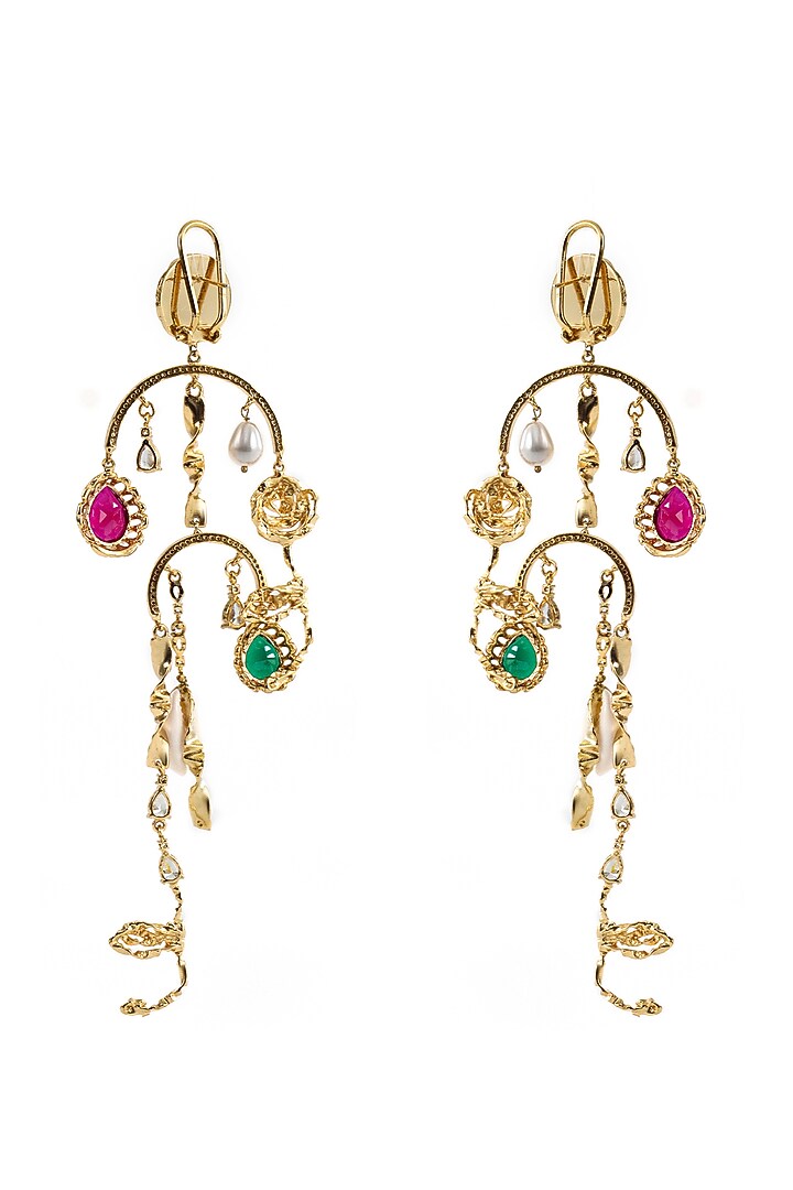 Gold Plated Cubic Zirconia & Cowrie Shell Dangler Earrings by AMAMA at Pernia's Pop Up Shop