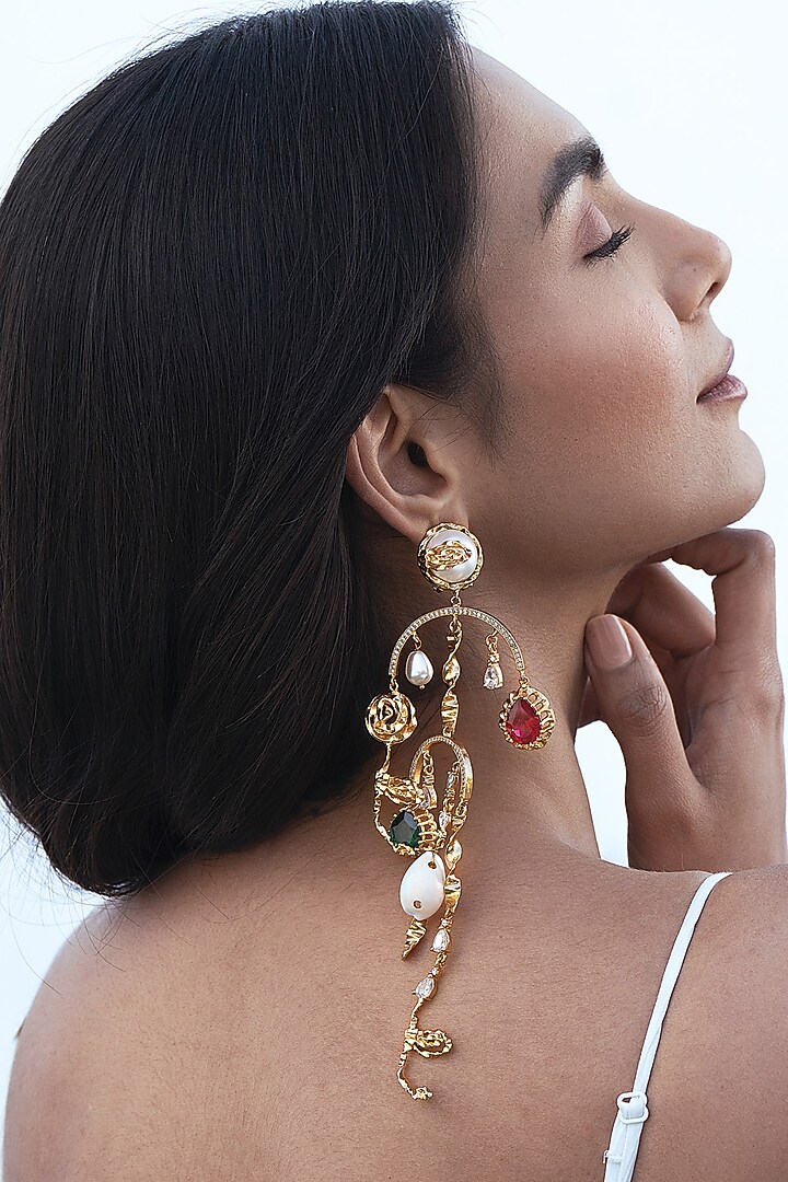 Gold Plated Cubic Zirconia & Cowrie Shell Dangler Earrings by AMAMA at Pernia's Pop Up Shop