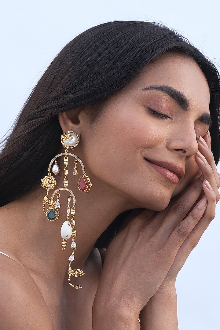 Gold Plated Cubic Zirconia & Cowrie Shell Dangler Earrings by AMAMA at Pernia's Pop Up Shop