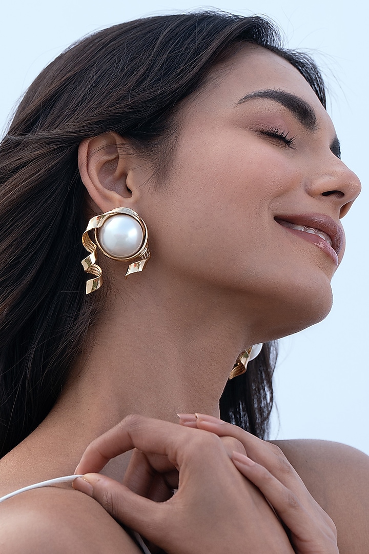 Gold Plated Pearl Stud Earrings by AMAMA at Pernia's Pop Up Shop