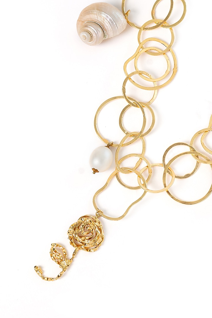 Gold Plated Faux Pearl & Shell Charm Lariat Necklace by AMAMA at Pernia's Pop Up Shop
