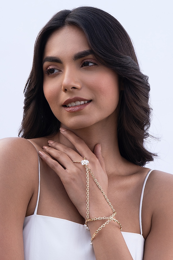 Gold Plated Faux Pearl Hand Harness by AMAMA at Pernia's Pop Up Shop