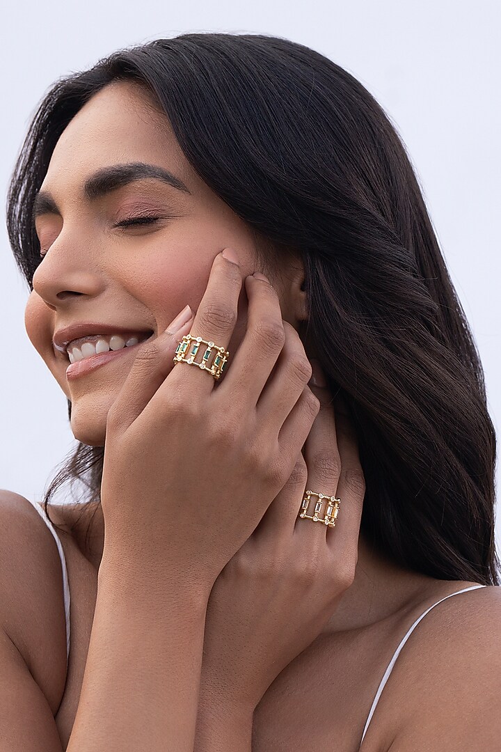 Gold Plated Cubic Zirconia Rings (Set Of 2) by AMAMA at Pernia's Pop Up Shop