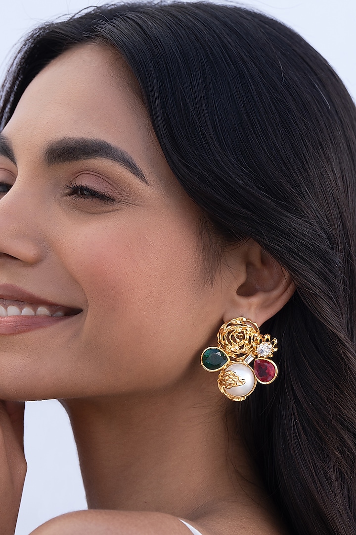 Gold Plated Cubic Zirconia & Faux Pearl Stud Earrings by AMAMA at Pernia's Pop Up Shop