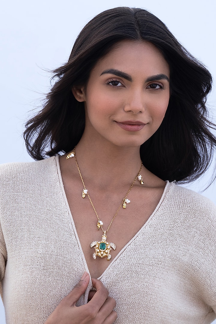 Gold Plated Cubic Zirconia & Faux Pearl Turtle Necklace by AMAMA at Pernia's Pop Up Shop