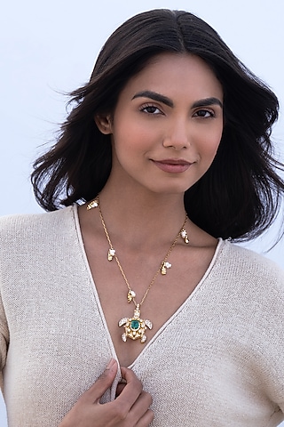 Gold Plated Cubic Zirconia & Faux Pearl Turtle Necklace by AMAMA