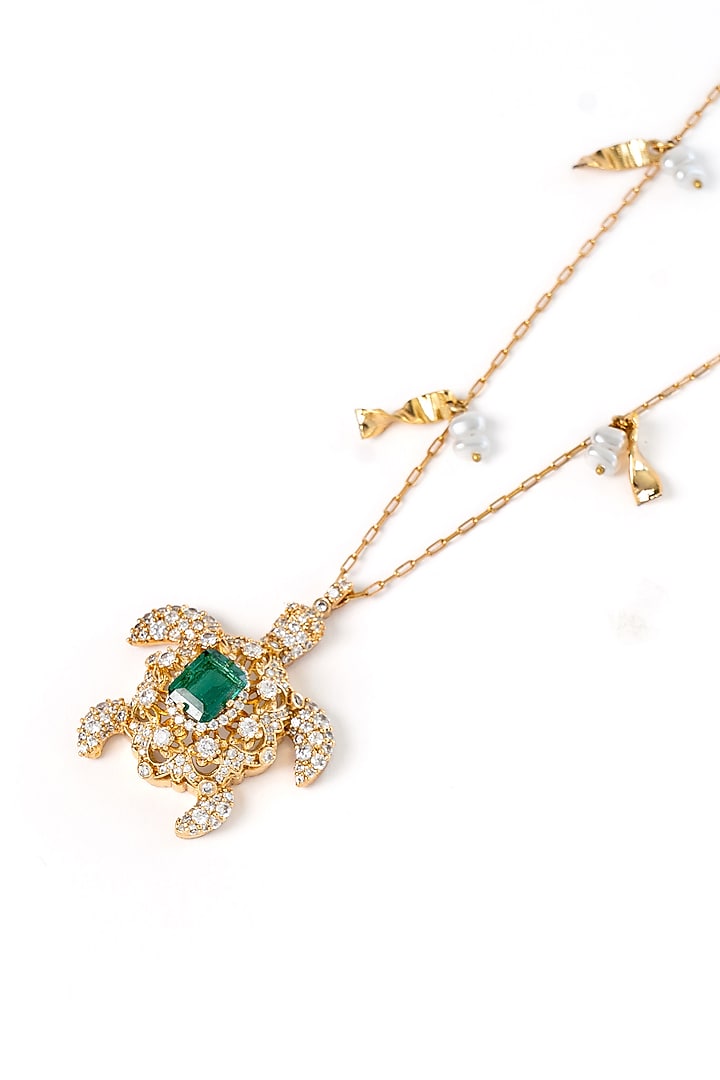 Gold Plated Cubic Zirconia & Faux Pearl Turtle Necklace by AMAMA at Pernia's Pop Up Shop