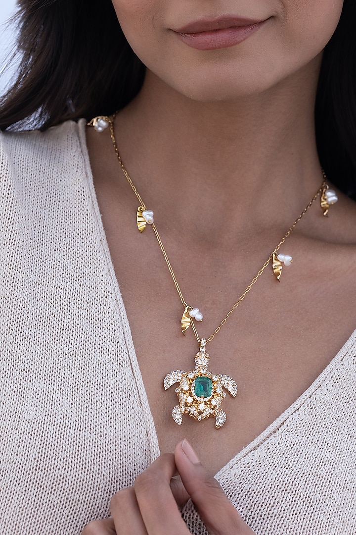Gold Plated Cubic Zirconia & Faux Pearl Turtle Necklace by AMAMA at Pernia's Pop Up Shop