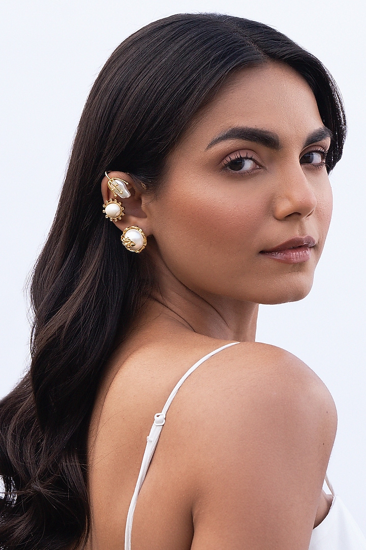 Gold Plated Cubic Zirconia & Faux Pearl Earcuffs by AMAMA at Pernia's Pop Up Shop