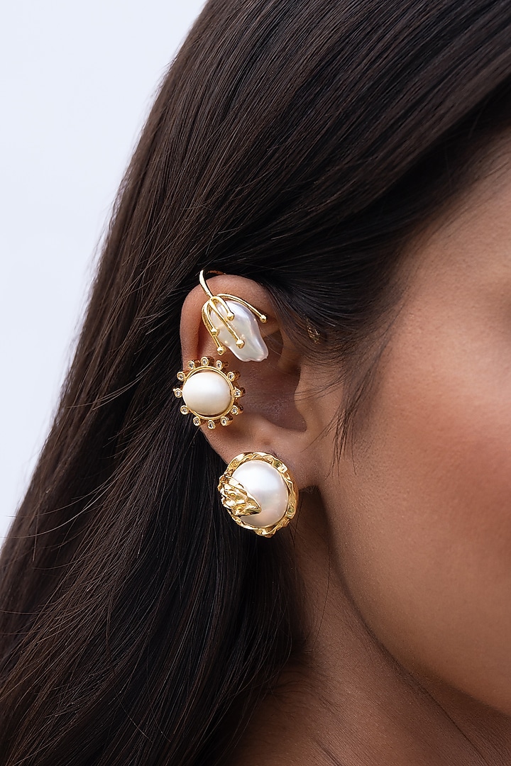 Gold Plated Cubic Zirconia & Faux Pearl Earcuffs by AMAMA at Pernia's Pop Up Shop