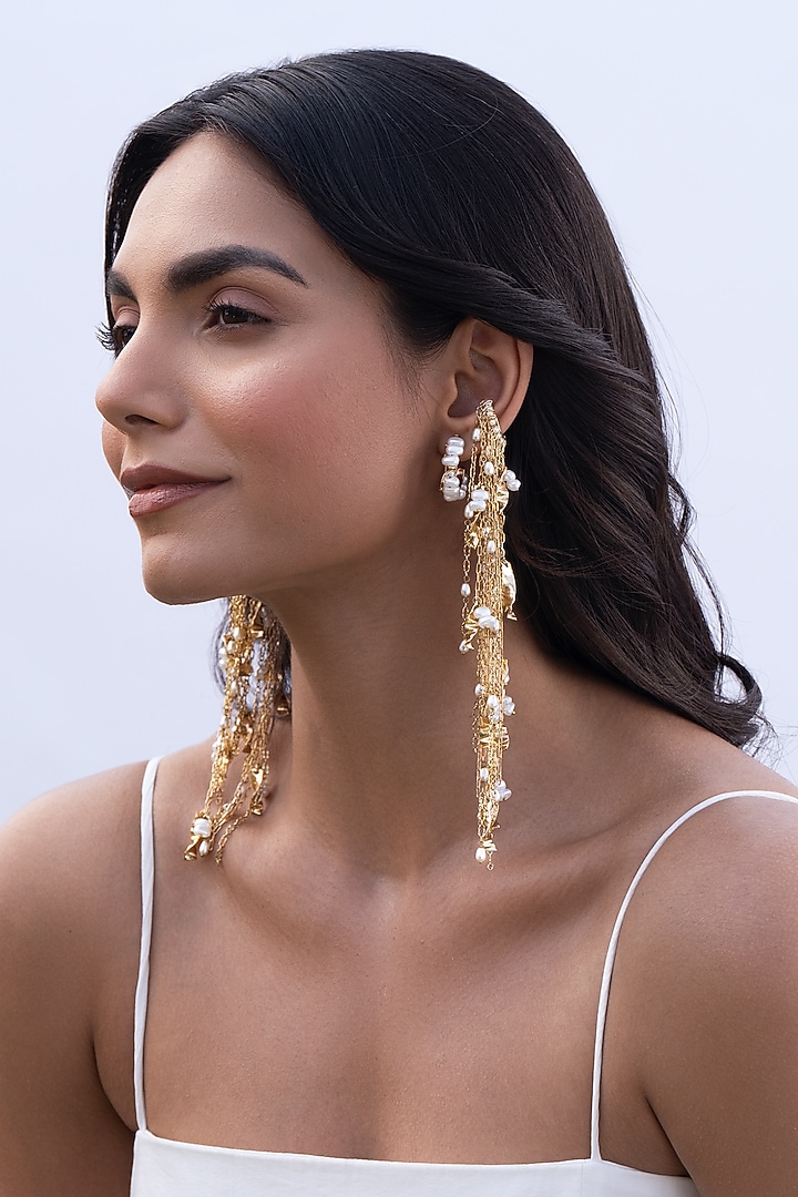 Gold Plated Faux Pearl Stack Dangler Earrings by AMAMA at Pernia's Pop Up Shop