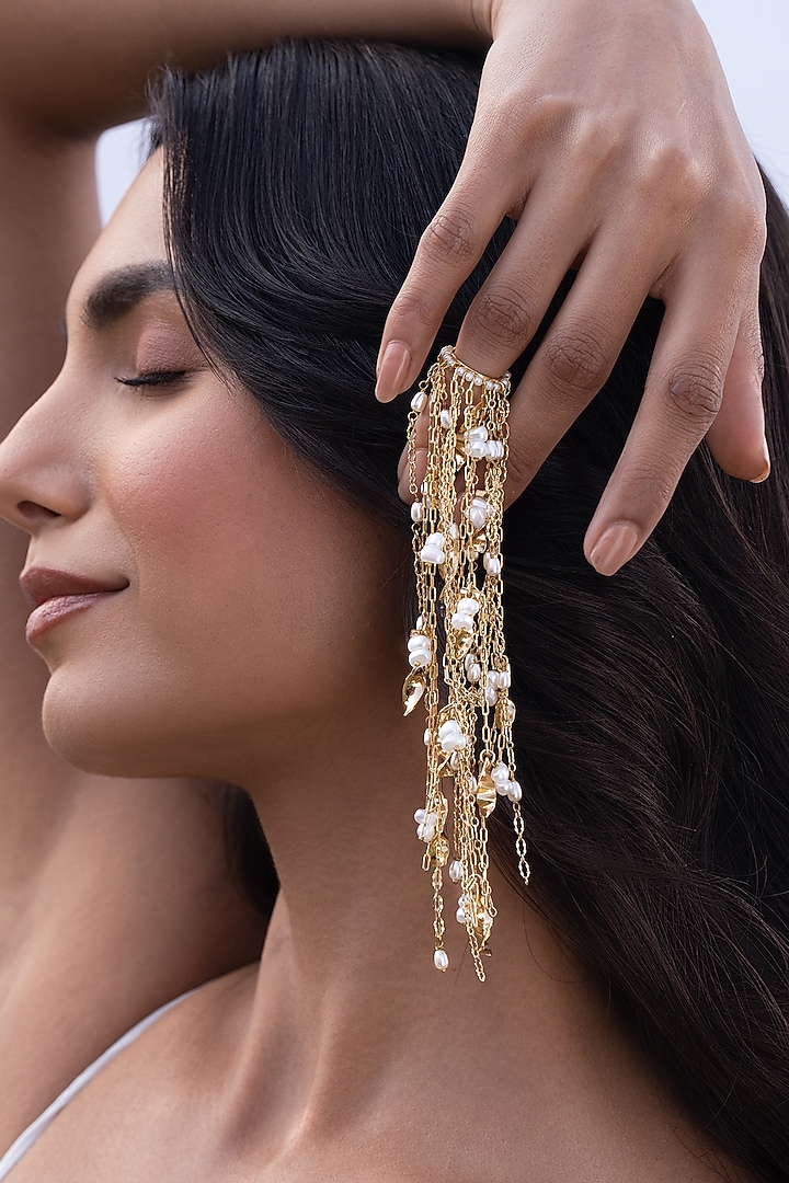 Gold Plated Faux Pearl Stack Dangler Earrings by AMAMA at Pernia's Pop Up Shop