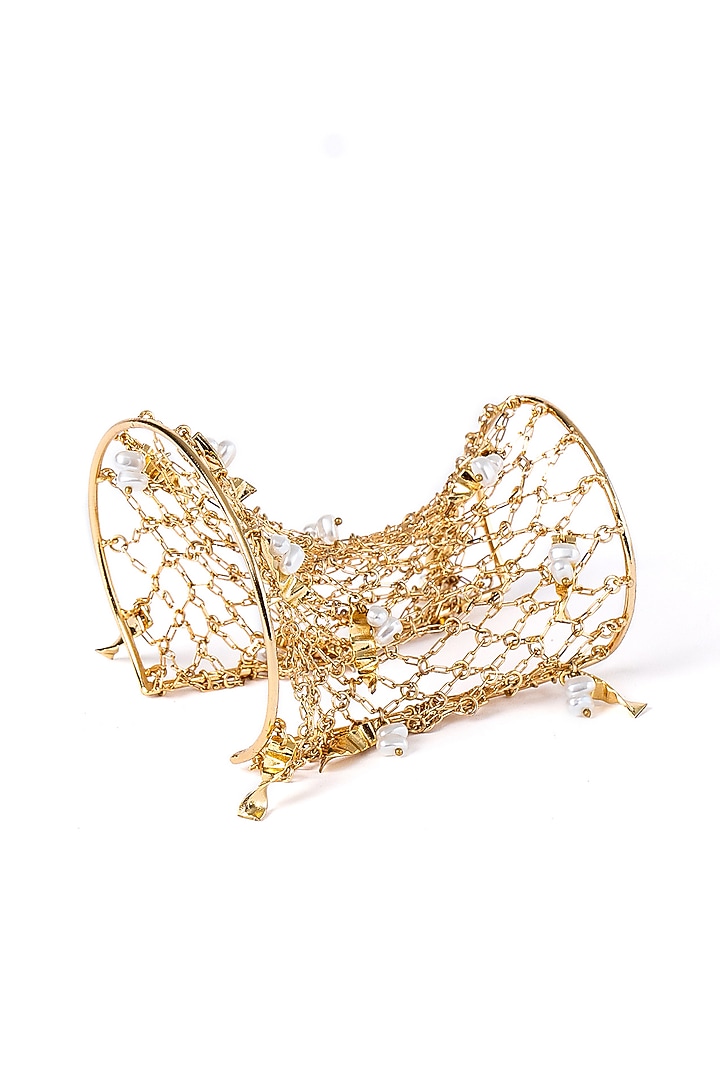 Gold Plated Faux Pearl Handcuff by AMAMA at Pernia's Pop Up Shop