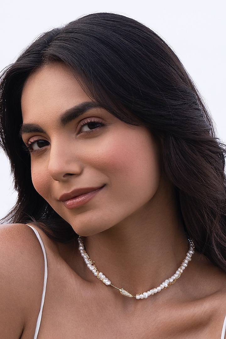 Gold Plated Cubic Zirconia & Faux Pearl Choker Necklace by AMAMA at Pernia's Pop Up Shop