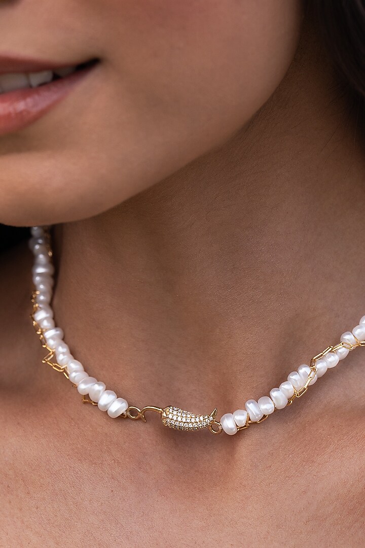 Gold Plated Cubic Zirconia & Faux Pearl Choker Necklace by AMAMA at Pernia's Pop Up Shop