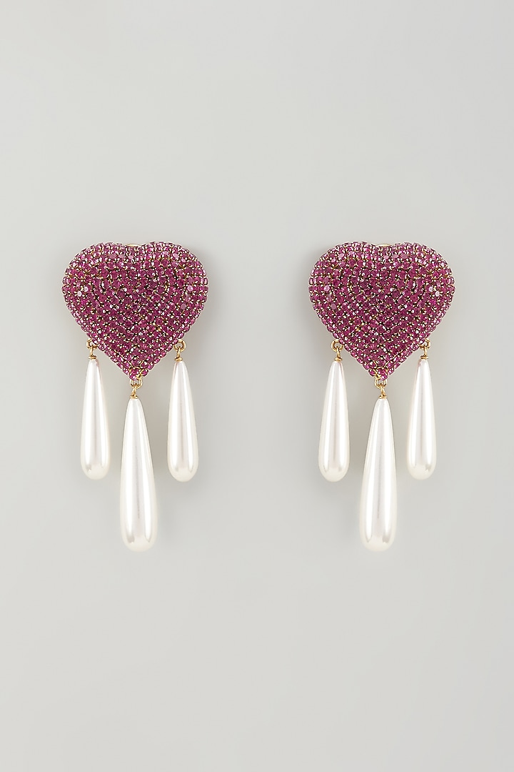 Gold Plated Red Chaton Stone Heart-Shaped Stud Earrings by AMAMA at Pernia's Pop Up Shop