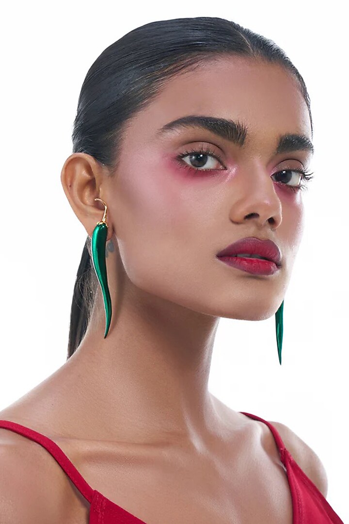 Gold Plated Green Brass Alloy Statement Earrings by AMAMA at Pernia's Pop Up Shop