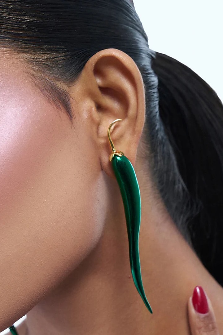 Gold Plated Green Brass Alloy Statement Earrings by AMAMA at Pernia's Pop Up Shop