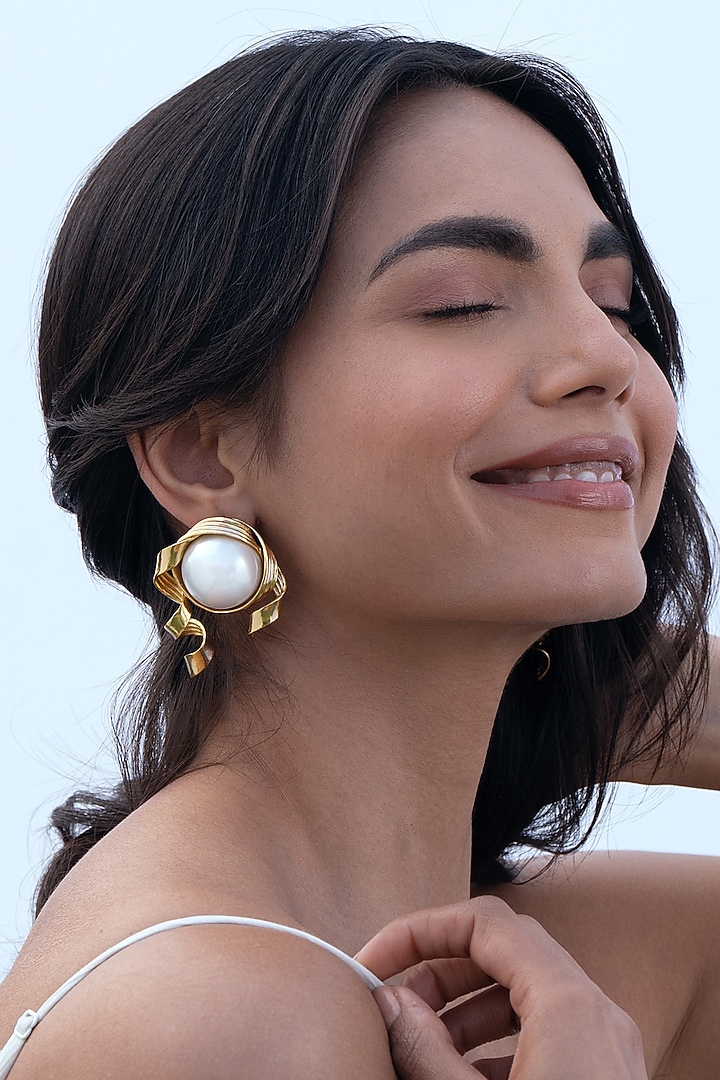 Gold Plated Pearl Stud Earrings by AMAMA at Pernia's Pop Up Shop