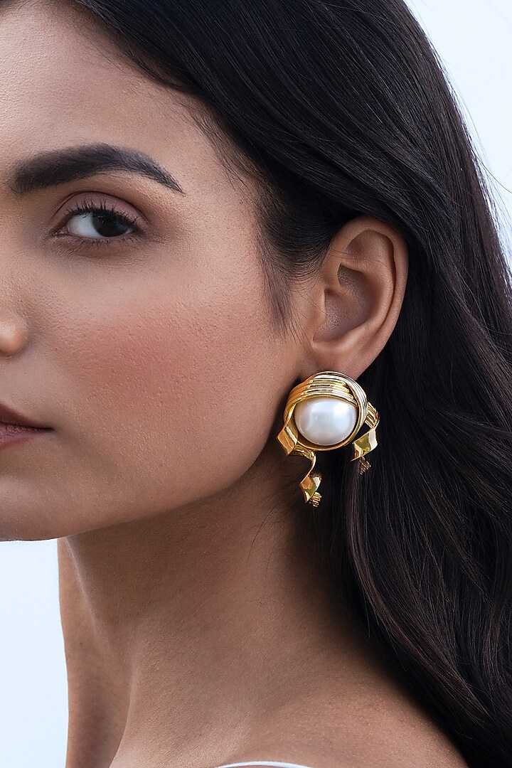 Gold Plated Pearl Stud Earrings by AMAMA at Pernia's Pop Up Shop