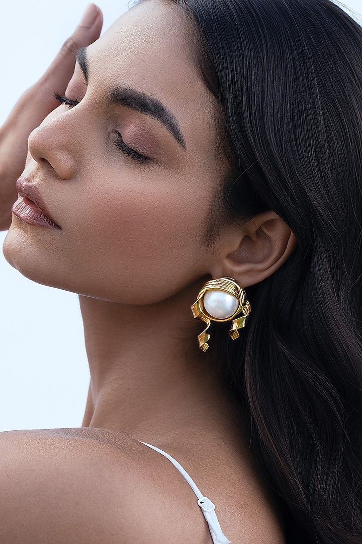 Gold Plated Pearl Stud Earrings by AMAMA at Pernia's Pop Up Shop