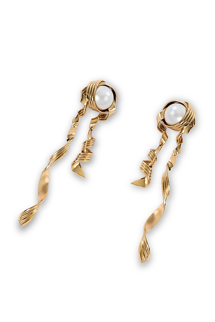Gold Plated Pearl Dangler Earrings by AMAMA at Pernia's Pop Up Shop