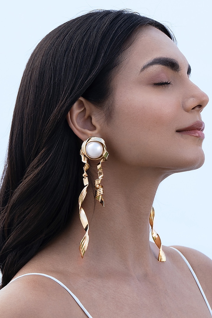 Gold Plated Pearl Dangler Earrings by AMAMA at Pernia's Pop Up Shop