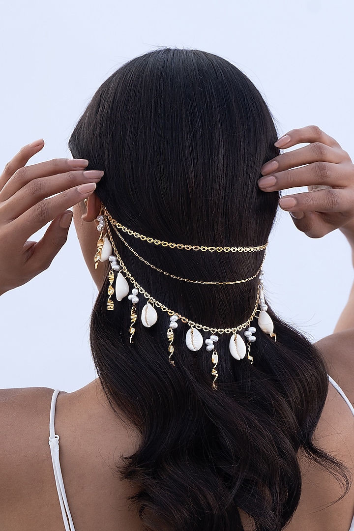 Gold Plated Faux Pearl & Cowrie Shell Hair Accessory by AMAMA at Pernia's Pop Up Shop