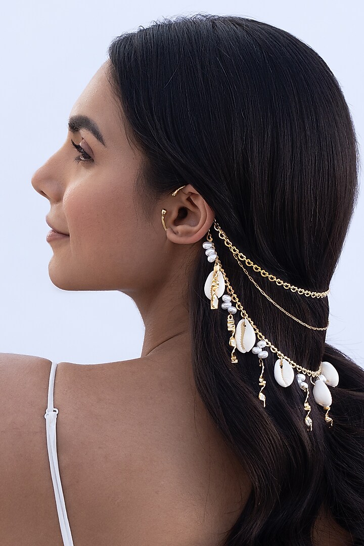 Gold Plated Faux Pearl & Cowrie Shell Hair Accessory by AMAMA at Pernia's Pop Up Shop