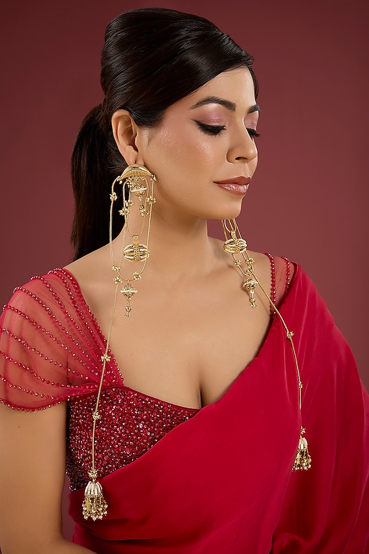 Antique Gold Plated Faux Pearl Jhumka Earrings by AMAMA at Pernia's Pop Up Shop
