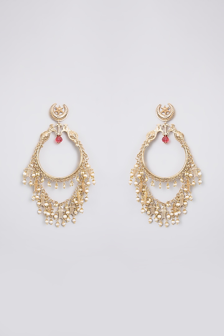 Antique Gold Plated Faux Pearl & Motif Chandbali Earrings by AMAMA at Pernia's Pop Up Shop
