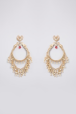 Antique Gold Plated Faux Pearl & Motif Chandbali Earrings by AMAMA