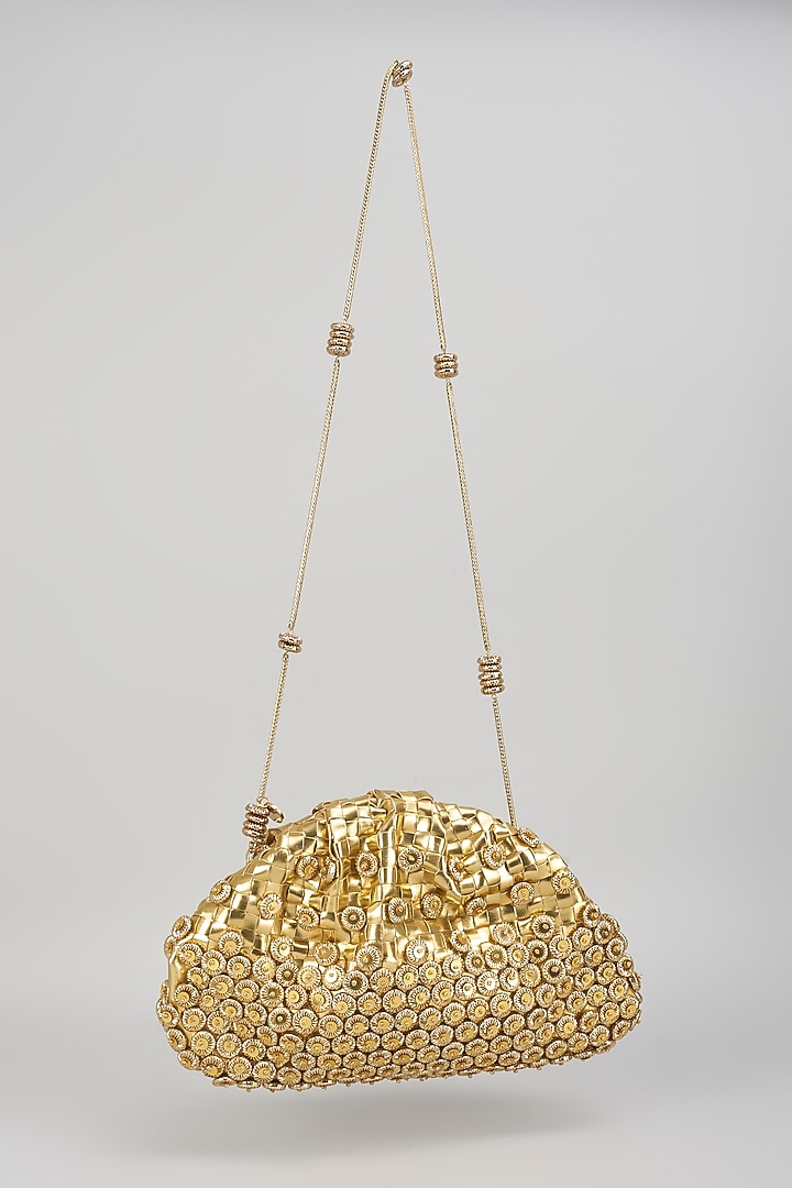 Gold Vegan Leather Zari Thread Embroidered Sling Bag by AMAMA at Pernia's Pop Up Shop