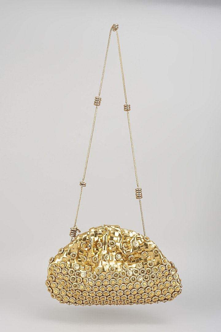 Gold Vegan Leather Zari Thread Embroidered Sling Bag by AMAMA at Pernia's Pop Up Shop