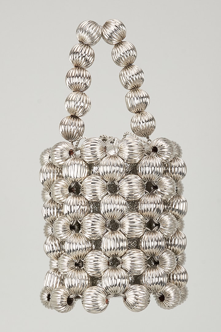 Silver Chrome Finish Brass Alloy Embellished Bucket Bag by AMAMA at Pernia's Pop Up Shop