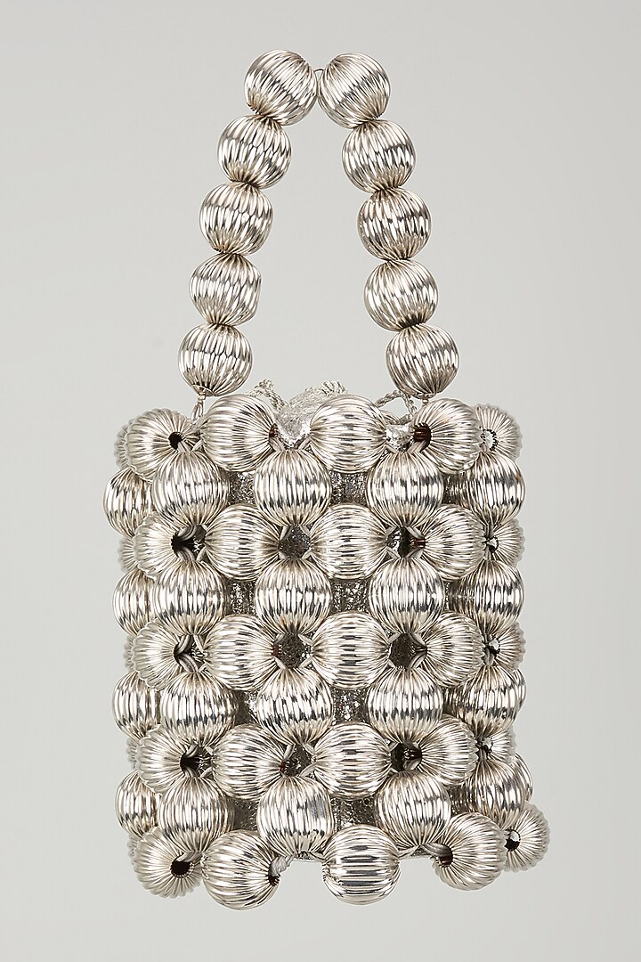 Silver Chrome Finish Brass Alloy Embellished Bucket Bag by AMAMA at Pernia's Pop Up Shop