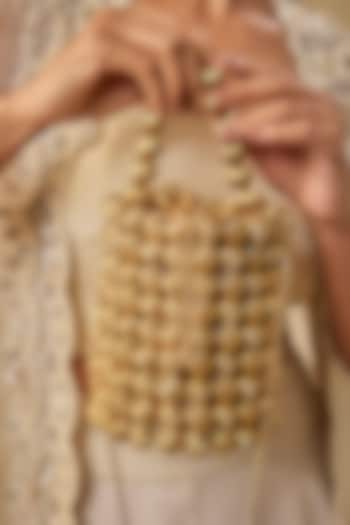 Light Gold Vegan Leather Zari Thread Embroidered Bucket Bag by AMAMA at Pernia's Pop Up Shop