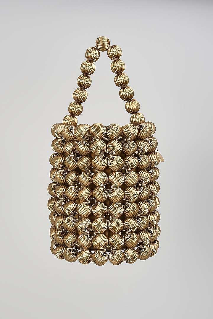 Light Gold Vegan Leather Zari Thread Embroidered Bucket Bag by AMAMA at Pernia's Pop Up Shop