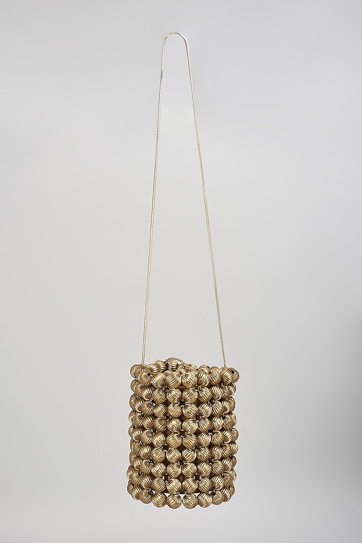 Light Gold Vegan Leather Zari Thread Embroidered Bucket Bag by AMAMA at Pernia's Pop Up Shop
