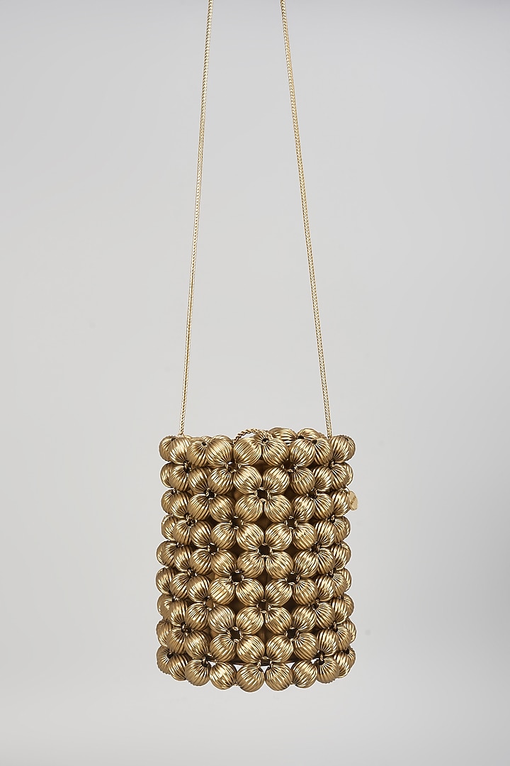 Light Gold Vegan Leather Zari Thread Embroidered Bucket Bag by AMAMA at Pernia's Pop Up Shop