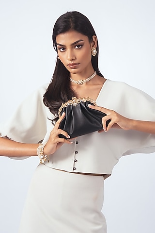 Black & Gold Finish Cubic Zirconia Clutch by AMAMA