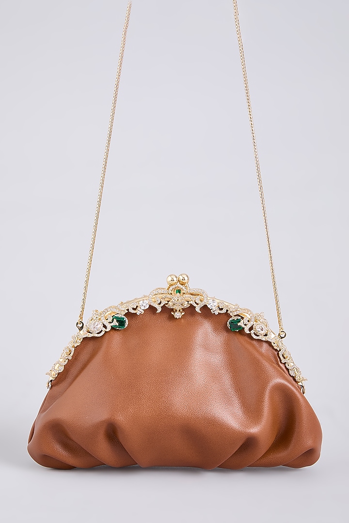 Tan Brass & Faux Leather Sling Bag by AMAMA at Pernia's Pop Up Shop