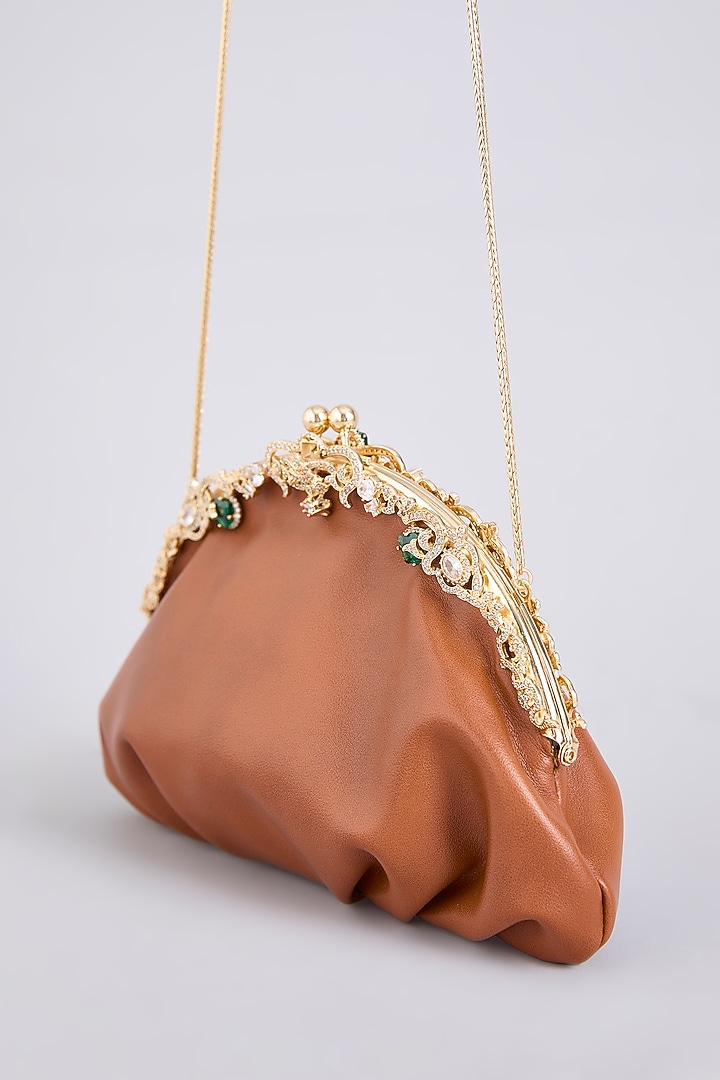 Tan Brass & Faux Leather Sling Bag by AMAMA at Pernia's Pop Up Shop