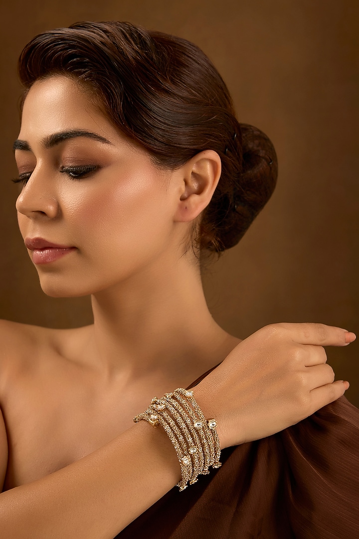 Gold Finish Kundan Polki & Gold Beaded Openable Bangle by AMAMA at Pernia's Pop Up Shop