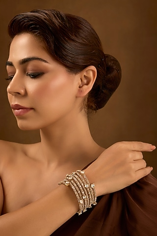 Gold Finish Kundan Polki & Gold Beaded Openable Bangle by AMAMA