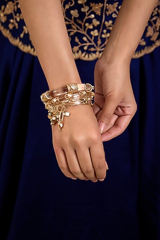 Gold Finish Mirror & Pearl Bangles (Set Of 5) by AMAMA