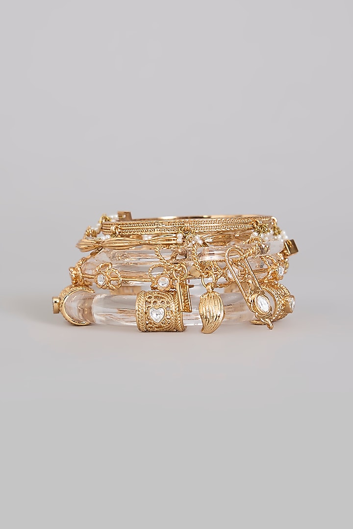Gold Finish Mirror & Pearl Bangles (Set Of 5) by AMAMA at Pernia's Pop Up Shop
