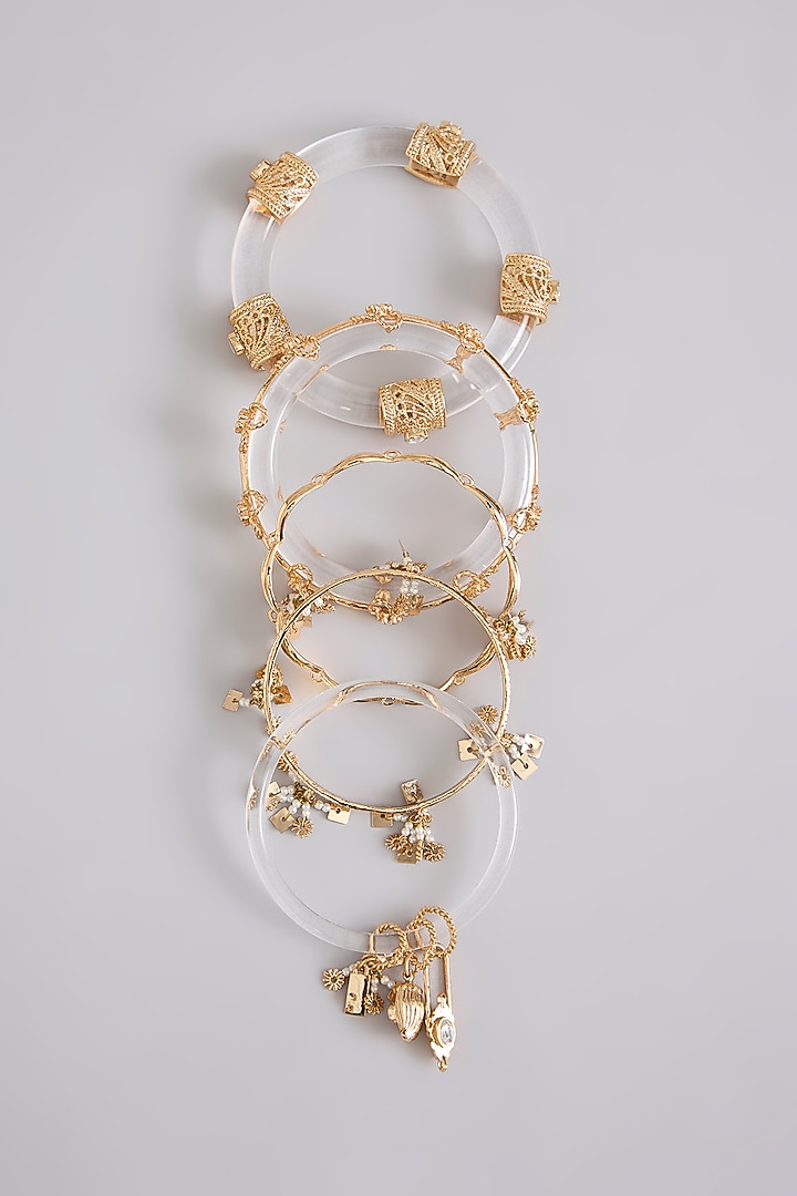 Gold Finish Mirror & Pearl Bangles (Set Of 5) by AMAMA at Pernia's Pop Up Shop