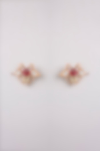 Gold Finish Red & White Stone Stud Earrings by AMAMA at Pernia's Pop Up Shop